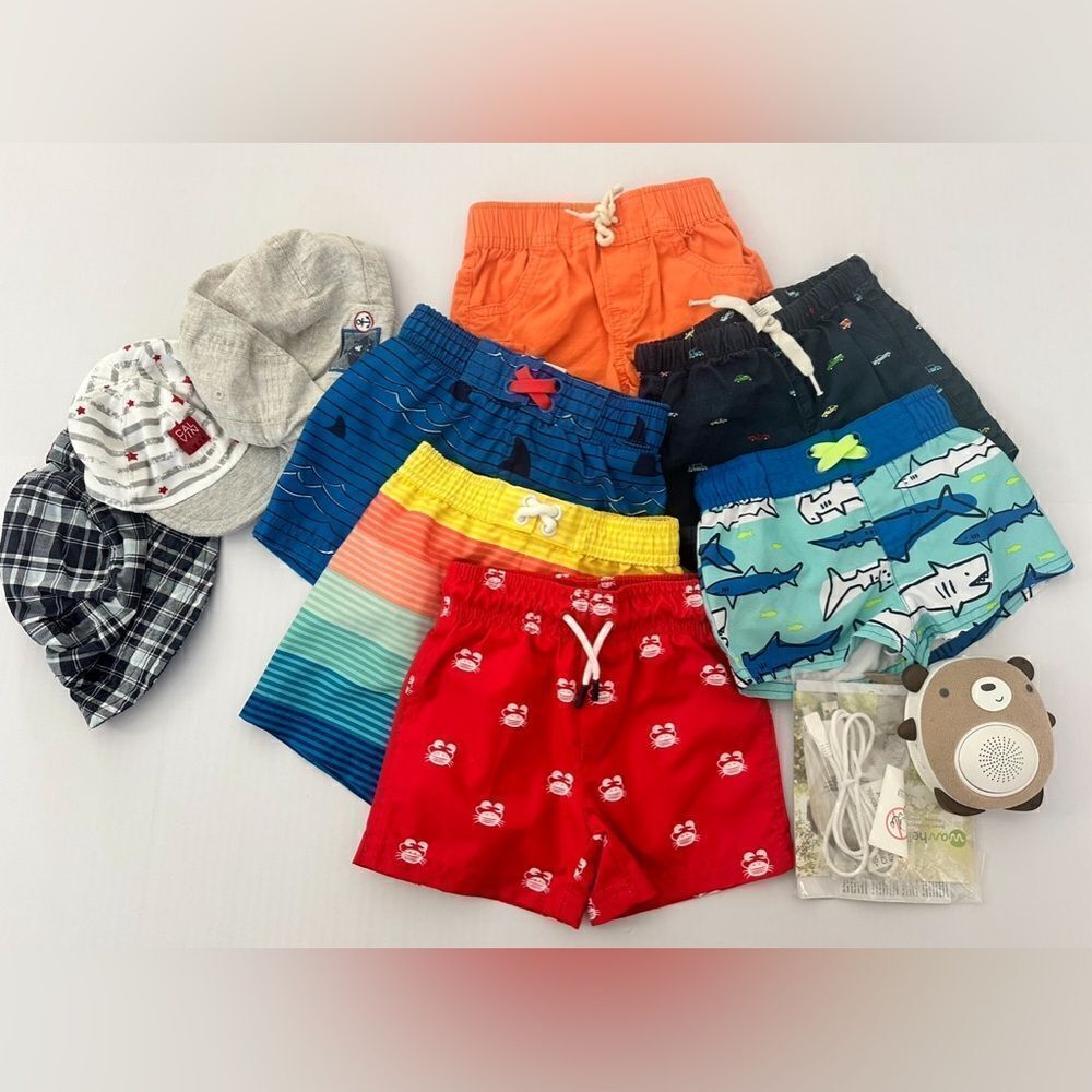 Bundle of baby’s shorts, hats and white noise sound machine